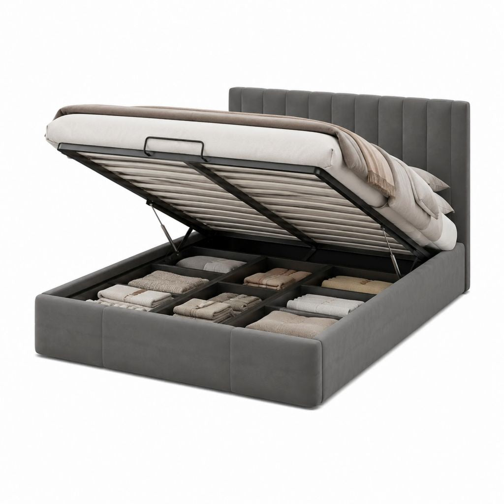 Lit coffre double gris en velours polyester avec sommier relevable 160 x 200 cm