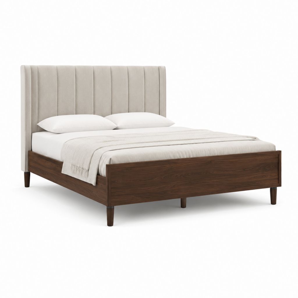 Lit double 160 x 200 cm marron noyer avec tête de lit capitonnée beige en polyester