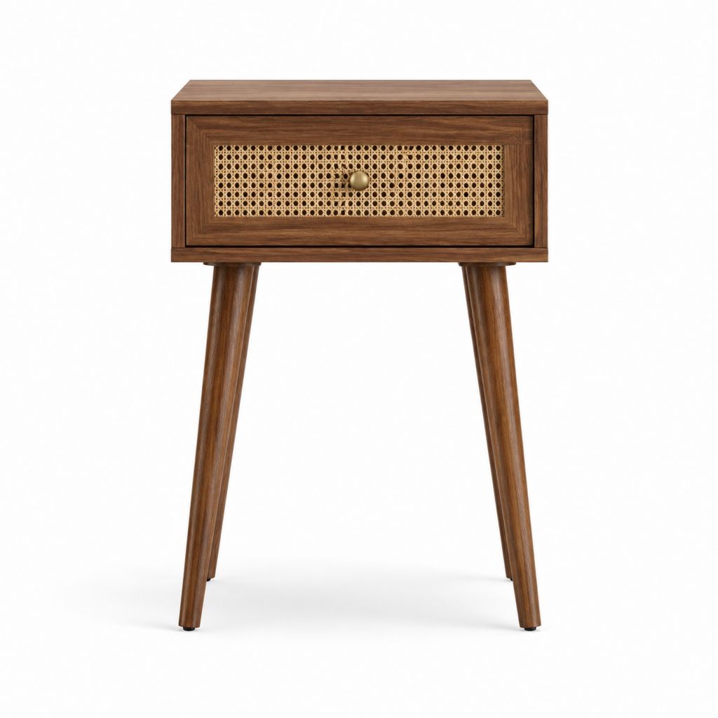 Table de chevet marron en bois d'hévéa et cannage naturel avec tiroir 45 x 35 x 65 cm