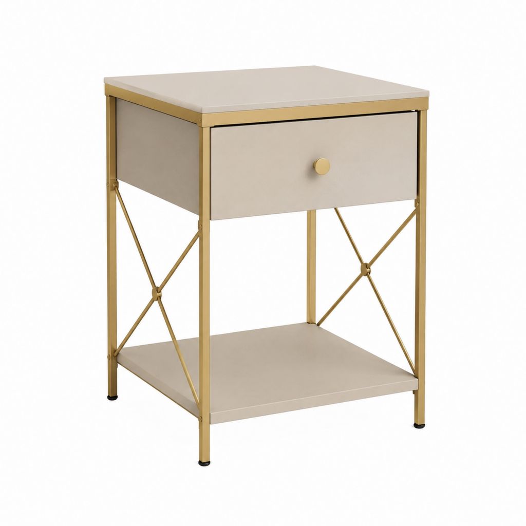 Table de chevet beige en MDF et acier doré rectangulaire 40 x 40 x 60 cm avec tiroir