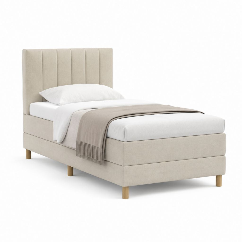Lit simple 90 x 200 cm avec cadre tapissé beige et tête de lit capitonnée en polyester