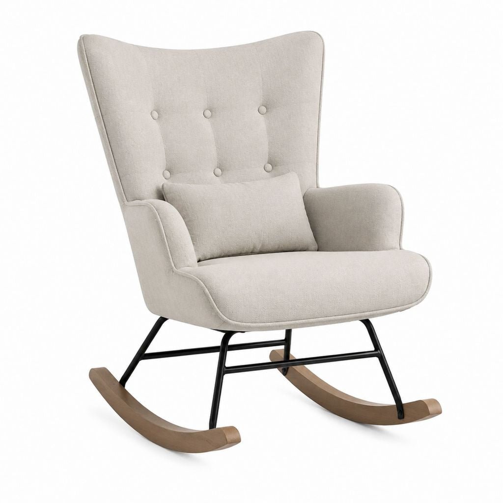 Fauteuil à bascule beige en polyester avec structure en acier et patins en hévéa 78 x 96 x 101 cm