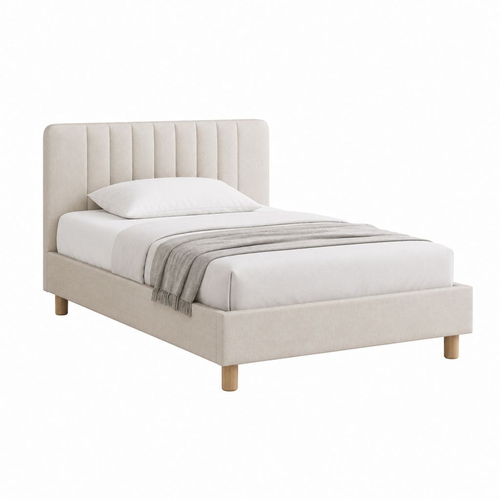Cadre de lit double beige en polyester avec tête de lit capitonnée 140 x 190 cm