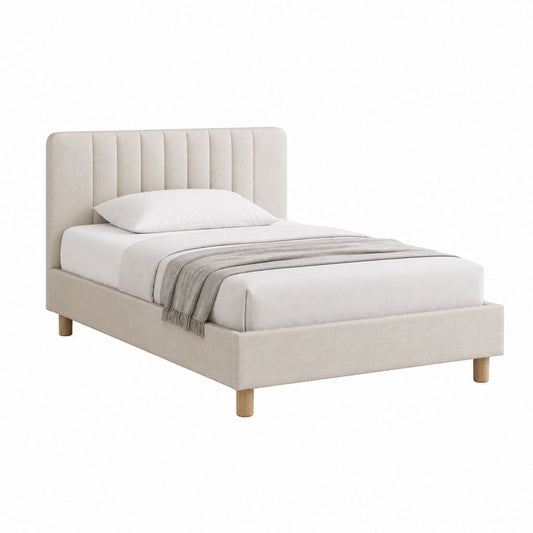 Cadre de lit double beige en polyester avec tête de lit capitonnée 140 x 190 cm