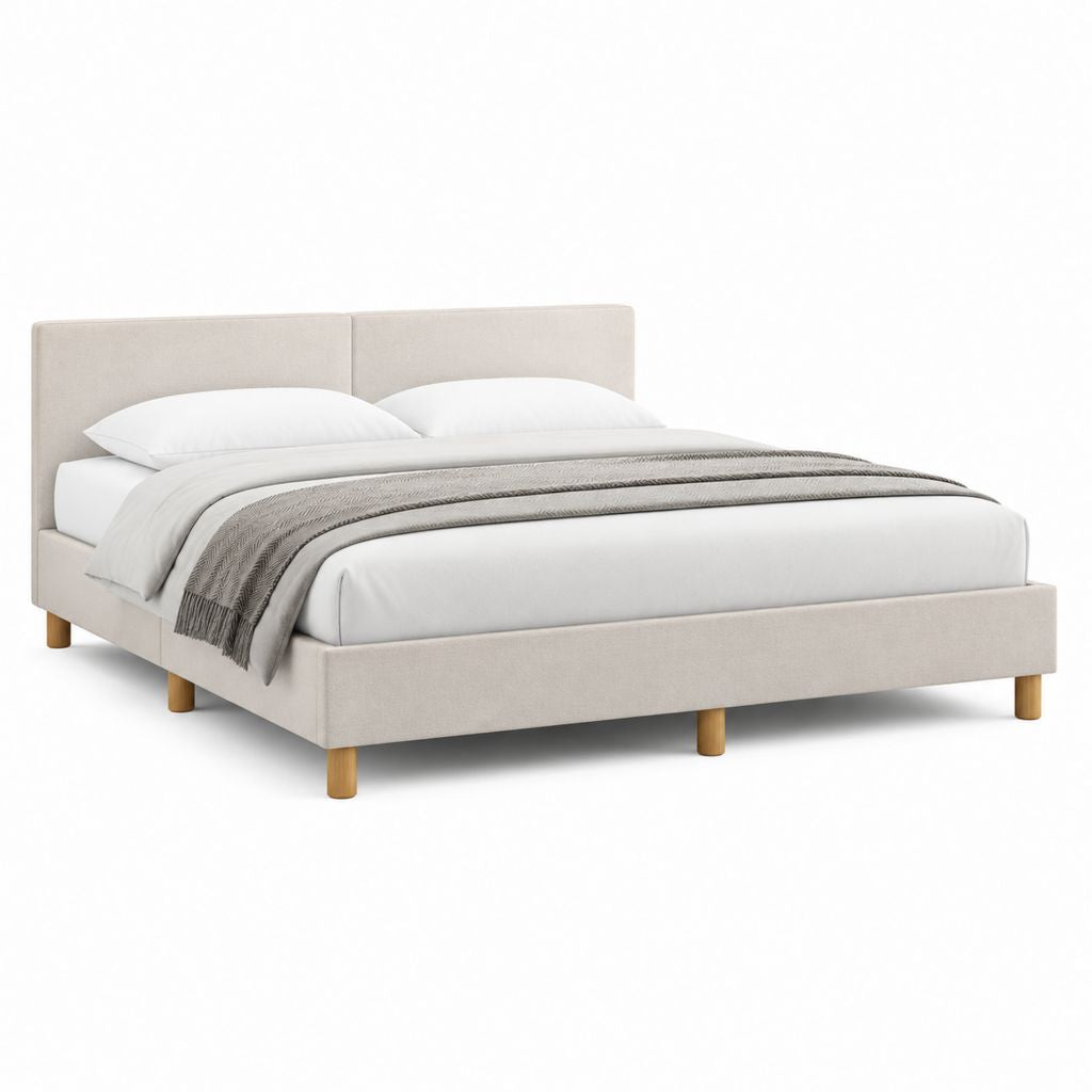 Lit double 160 x 200 cm beige rectangulaire en polyester et bois massif 170 x 210 x 100 cm