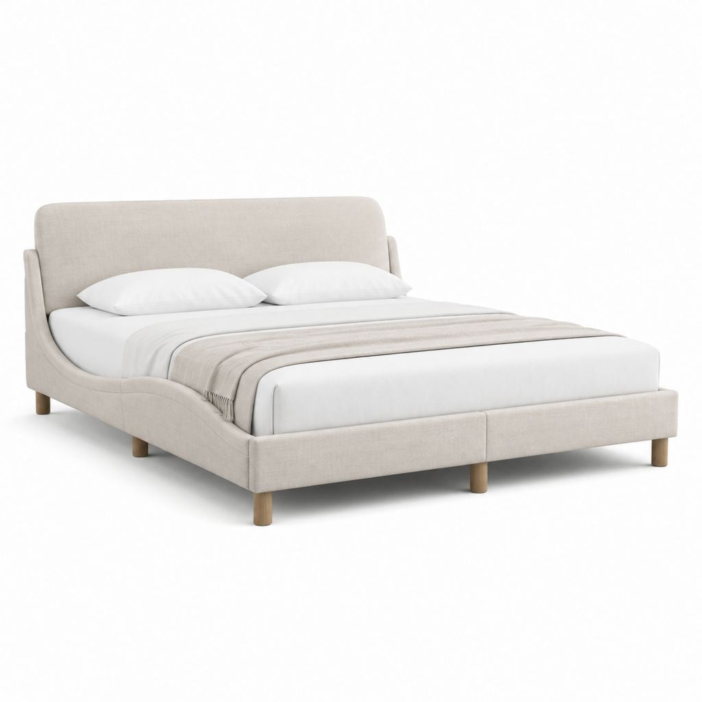 Lit double avec cadre beige en polyester et pieds en bois massif 160 x 200 cm