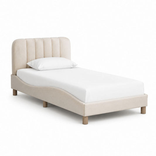 Lit simple 90 x 190 cm beige en velours de polyester avec tête de lit capitonnée