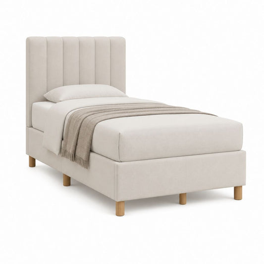 Lit 1 place capitonné beige en polyester avec cadre MDF 90 x 200 cm