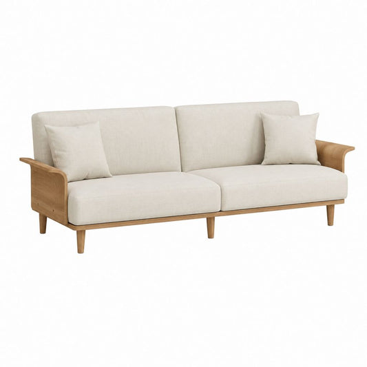 Canapé 3 places beige en polyester avec structure en hévéa massif 210 x 85 x 82 cm