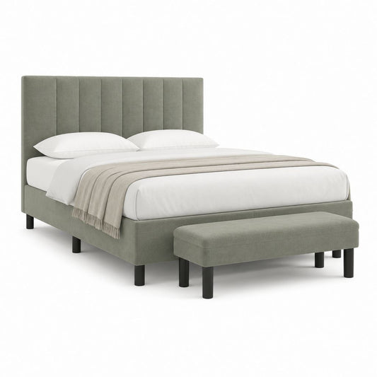 Ensemble lit double avec cadre de lit et banc vert en polyester 160 x 200 cm
