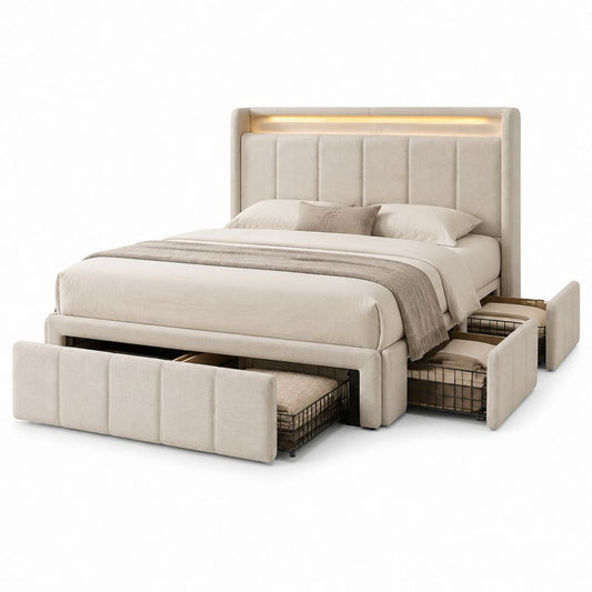 Lit coffre 160 x 200 cm beige en polyester avec tête de lit LED et 3 tiroirs