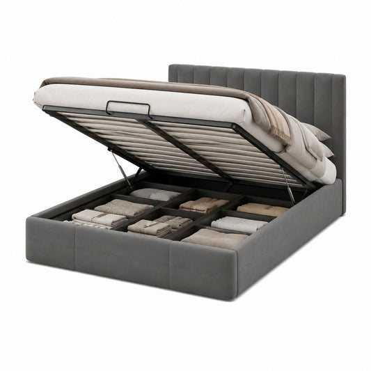 Lit coffre double gris en velours polyester avec sommier relevable 160 x 200 cm