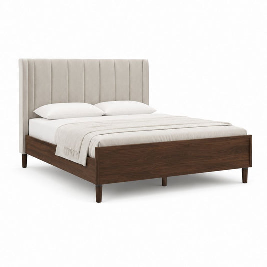 Lit double 160 x 200 cm marron noyer avec tête de lit capitonnée beige en polyester