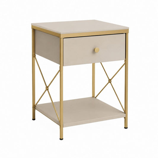 Table de chevet beige en MDF et acier doré rectangulaire 40 x 40 x 60 cm avec tiroir