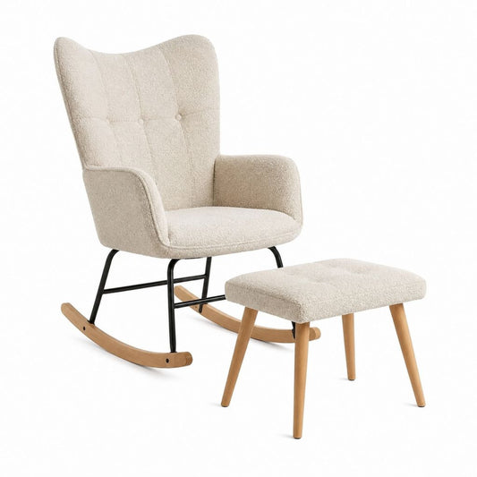 Fauteuil à bascule avec repose-pieds beige en polyester bouclette et hêtre massif 68 x 95 x 100 cm