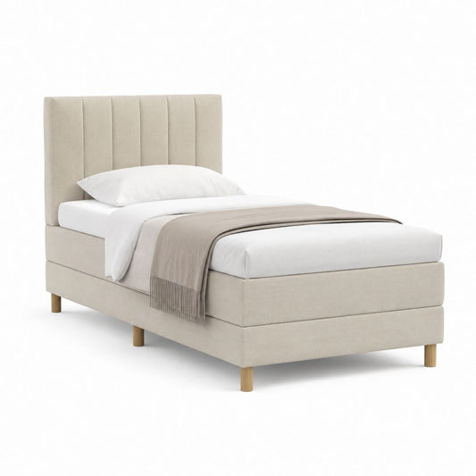 Lit simple 90 x 200 cm avec cadre tapissé beige et tête de lit capitonnée en polyester