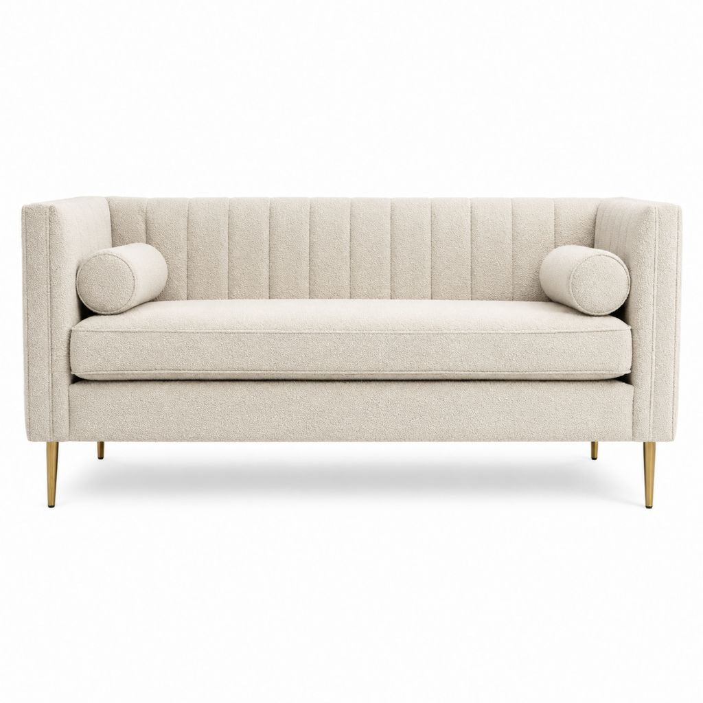 Canapé 2 places beige en polyester bouclette avec coussins cylindriques 160 x 80 x 78 cm