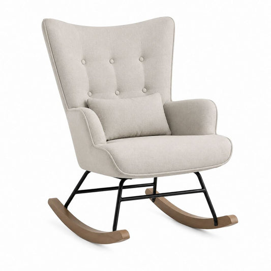 Fauteuil à bascule beige en polyester avec structure en acier et patins en hévéa 78 x 96 x 101 cm
